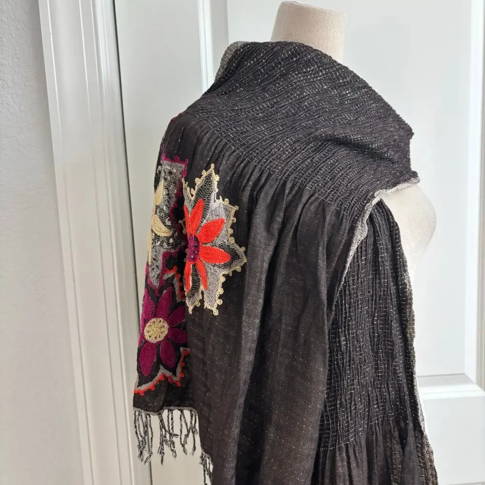 Embroidered Floral Smocked Pashmina Shawl Wrap Scarf Boho Fringe Reversible